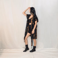 קימונו וסט פשתן - שחור חלוד