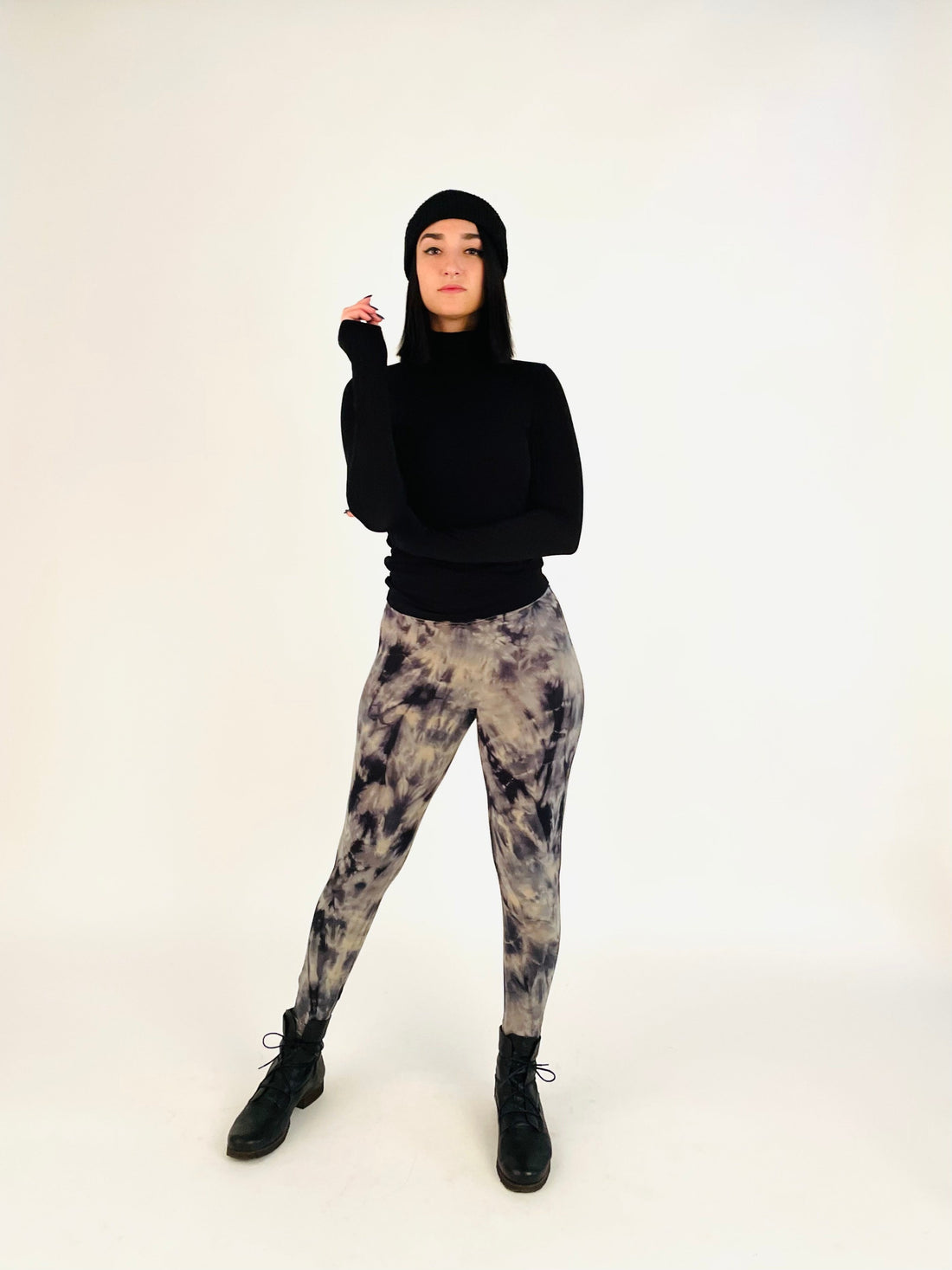 Tie Dye Yoga Leggings - Stone & Black