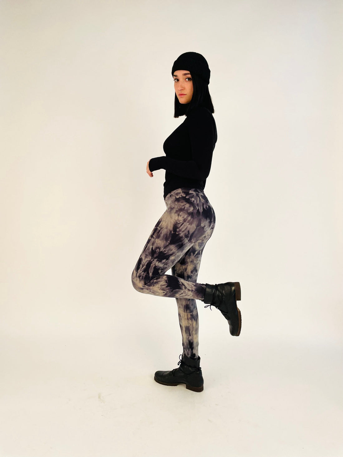 Tie Dye Yoga Leggings - Stone & Black