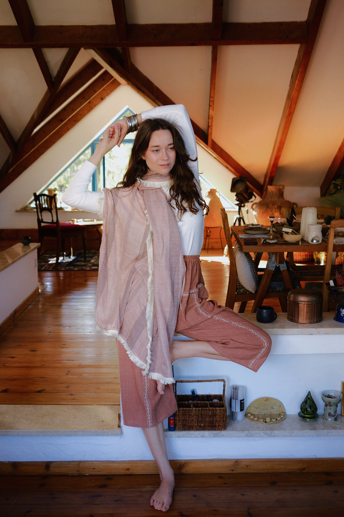 Striped Fringed Scarf - Pink & Cream