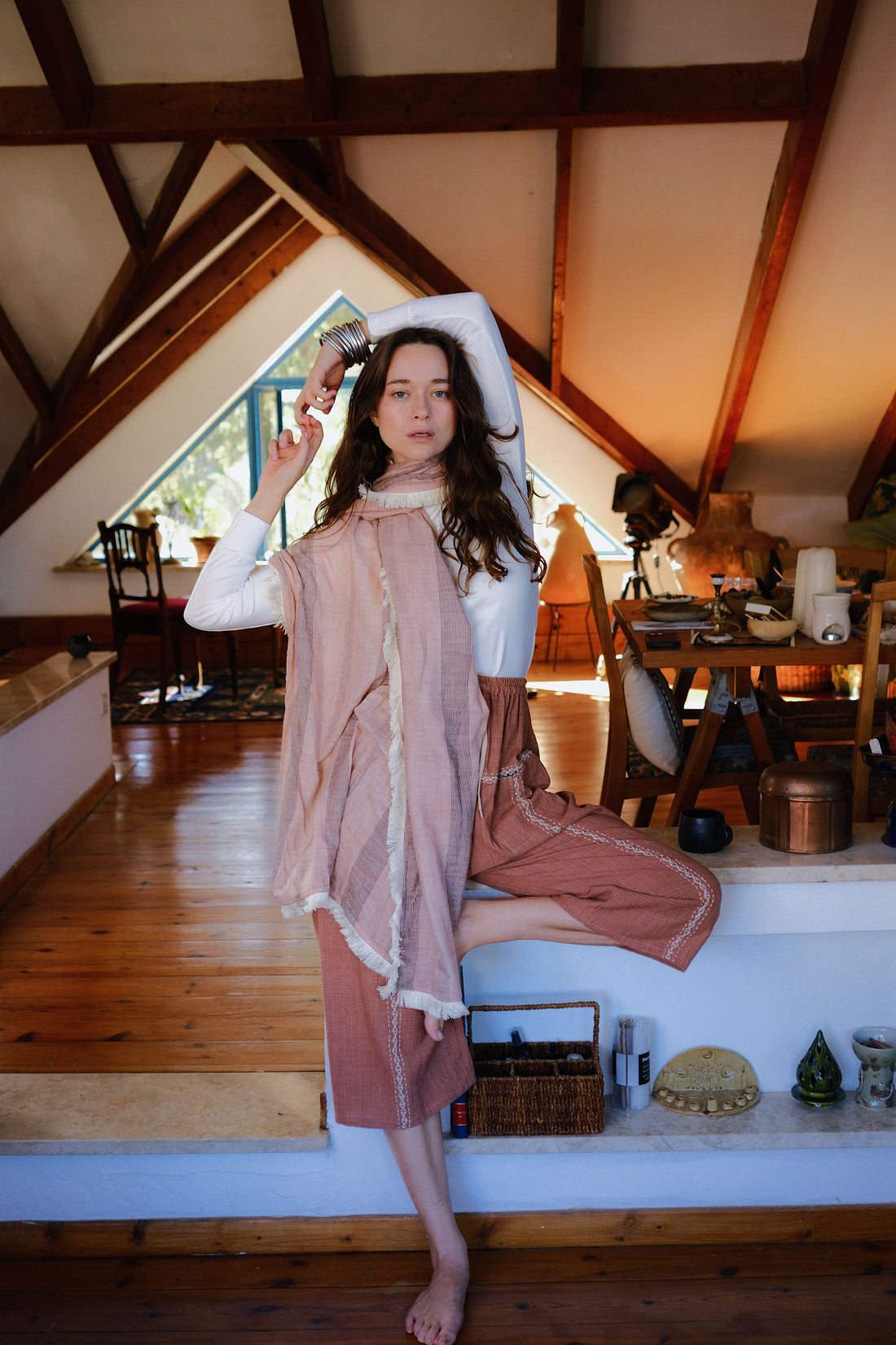 Striped Fringed Scarf - Pink & Cream