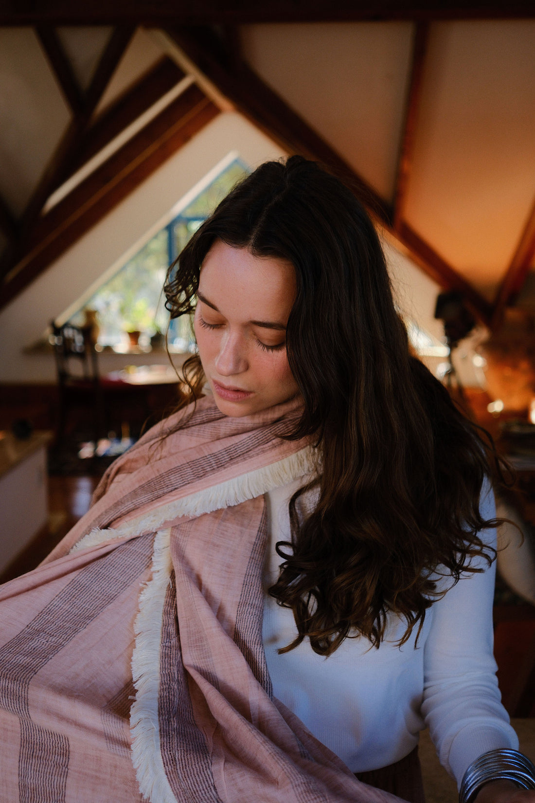 Striped Fringed Scarf - Pink & Cream