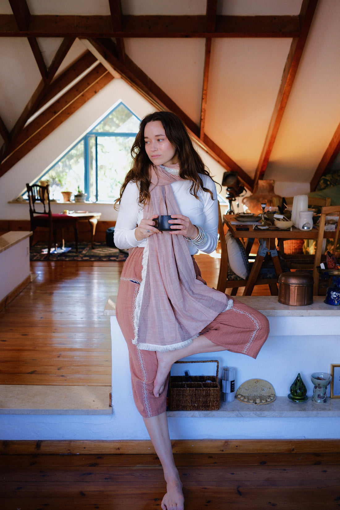 Striped Fringed Scarf - Pink & Cream