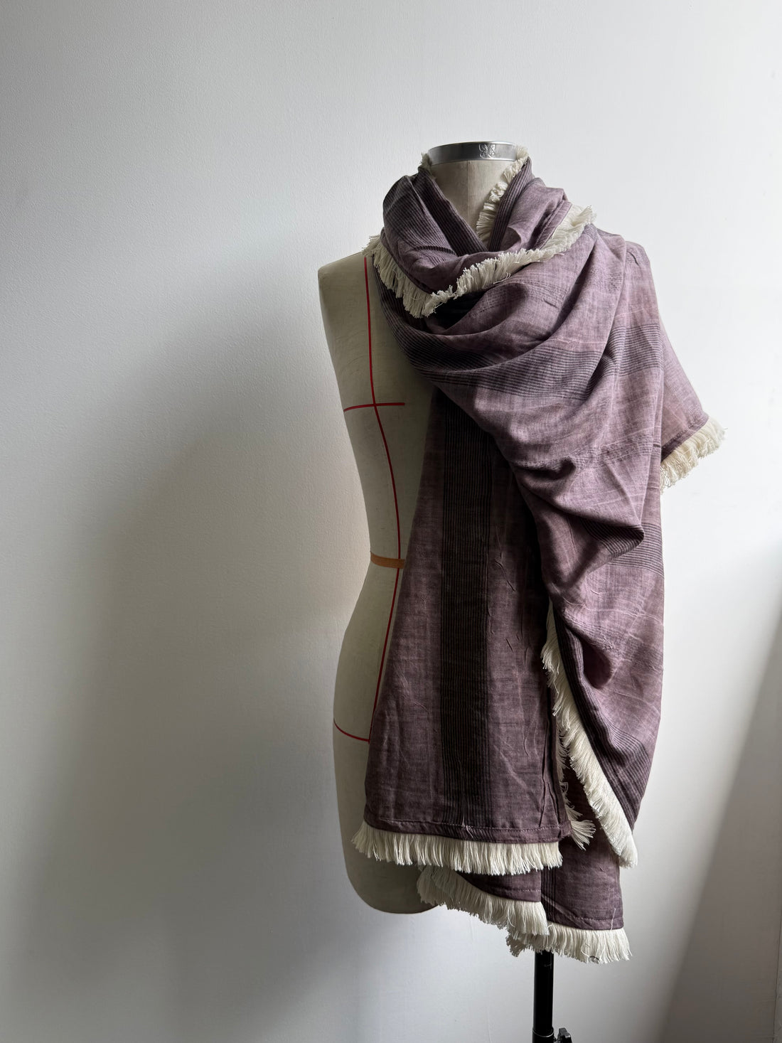 Striped Fringed Scarf - Purple & Cream