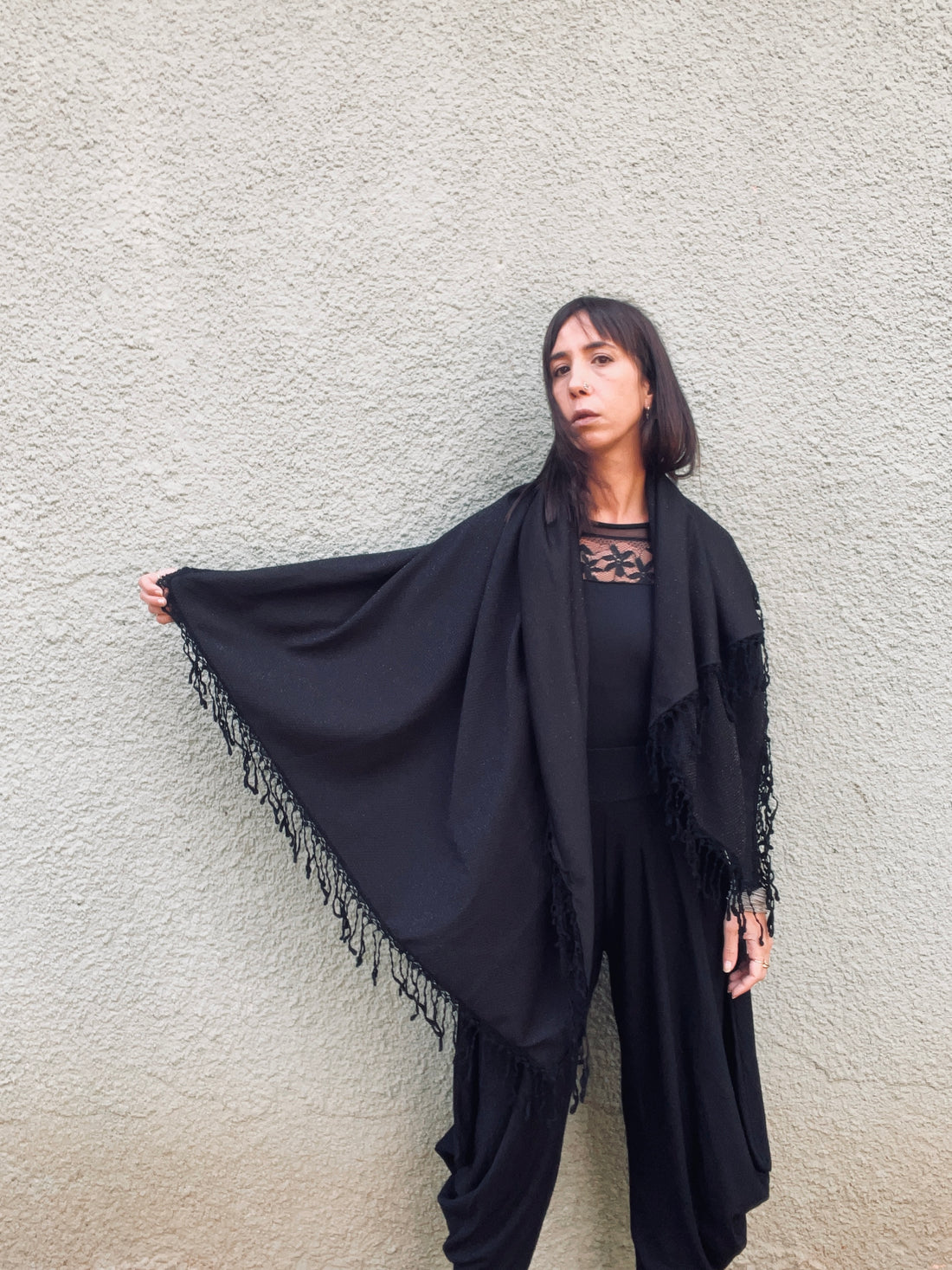 Black Fringed Large Shawl