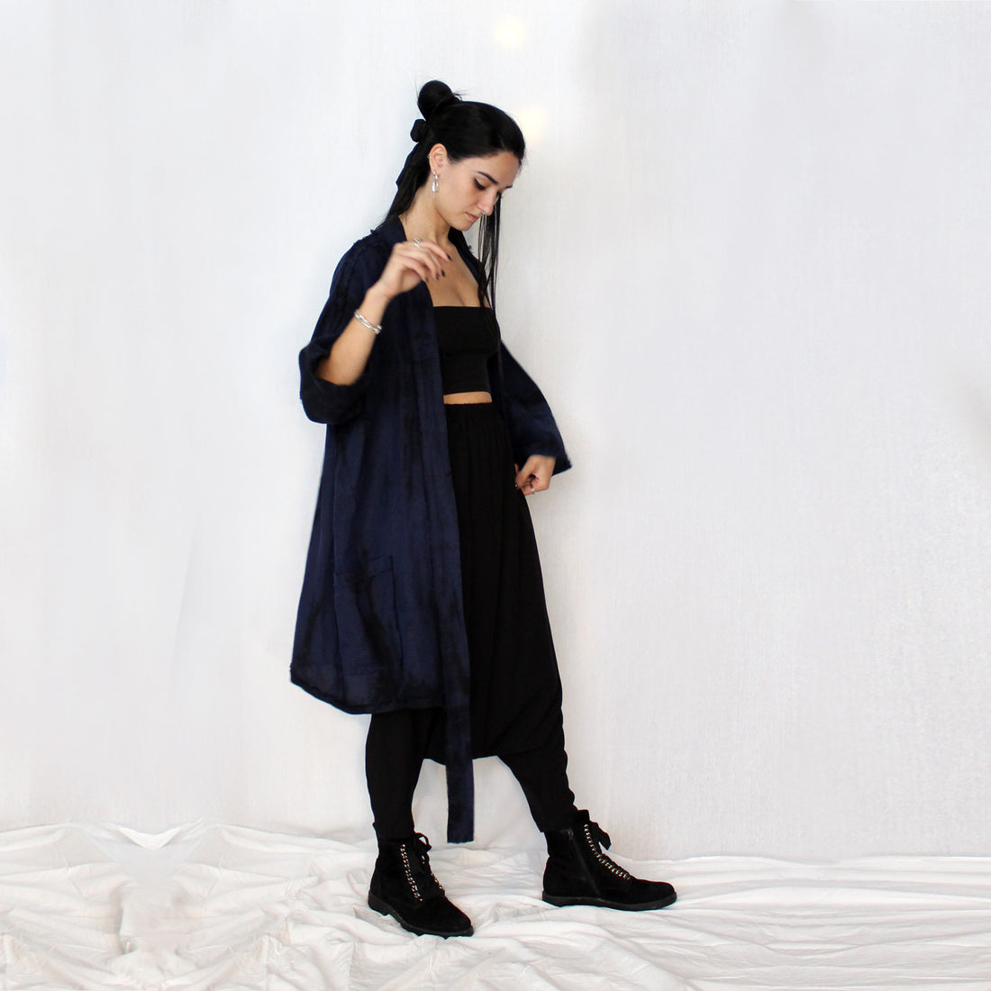 Long Classic Linen Kimono - Navy & Black