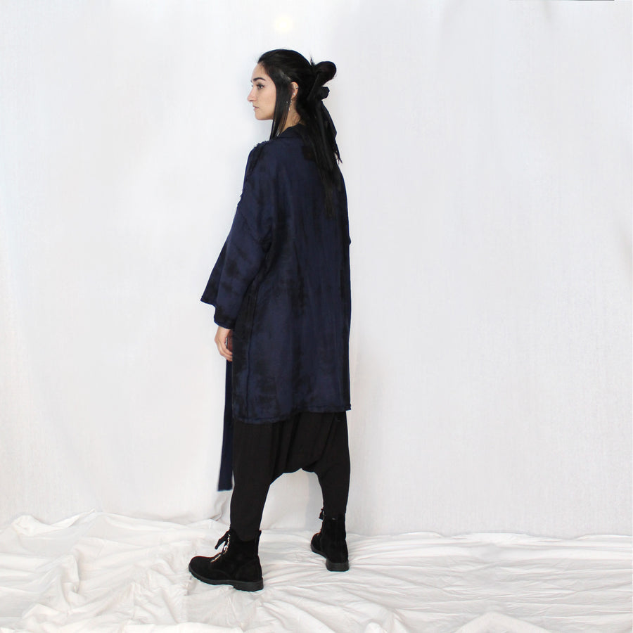 Long Classic Linen Kimono - Navy & Black